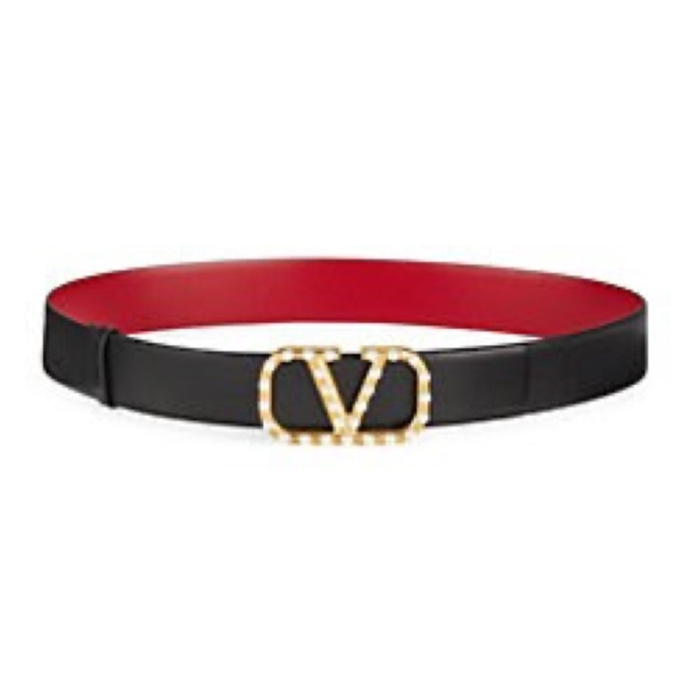 Valentino Garavini VLogo Faux Pearl-Embellished Reversible Leather Belt 85
